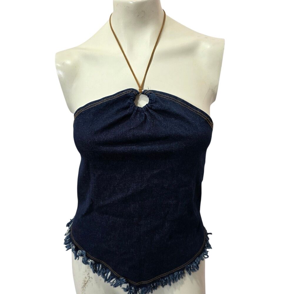 Solar USA Denim Halter Handkerchief Tube Top Fringe Hem Y2K Zip Back Size L